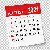 August 2021 calendar isolated on a blank background. Need another version, another month, another year... Check my portfolio. Vector Illustration (EPS10, well layered and grouped). Easy to edit, manipulate, resize or colorize.