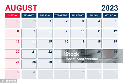 istock August 2023 calendar. Calendar planner design template. Week starts on Sunday. Business vector illustration 1416589351