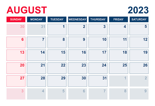 August 2023 Calendar. August 2023 Calendar vector illustration. Wall Desk Calendar Vector Template, Simple Minimal Design. Wall Calendar Template For August 2023