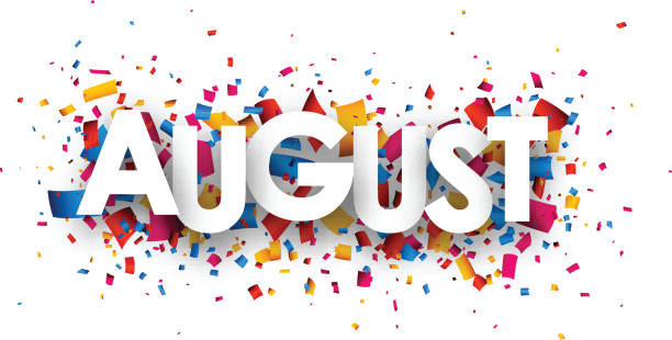 August sign. August sign with colour confetti. Vector paper illustration. august stock illustrations