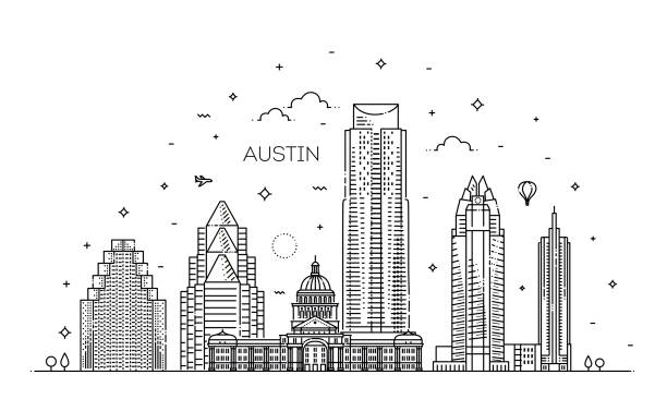 Austin architecture line skyline illustration. Linear vector cityscape with famous landmarks Cityscape Building Line art Vector Illustration design - Austin - Vector austin texas stock illustrations
