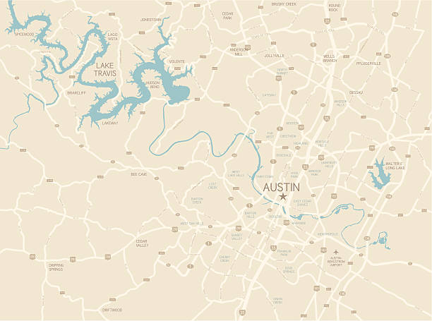Austin Texas Area Map A map of the Austin, Texas area, including Lake Travis, the airport and surrounding areas. austin texas stock illustrations