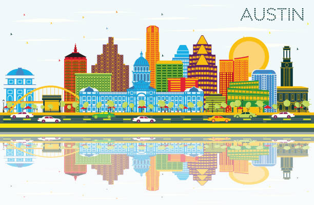 Austin Texas Skyline with Color Buildings, Blue Sky and Reflections. Austin Texas Skyline with Color Buildings, Blue Sky and Reflections. Vector Illustration. Business Travel and Tourism Concept with Modern Architecture. Austin Cityscape with Landmarks. austin texas stock illustrations