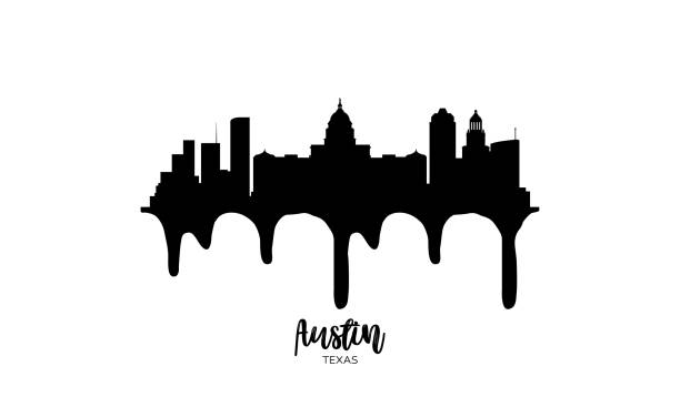 Austin Texas USA black skyline silhouette vector illustration on white background with dripping ink effect. Landmarks and iconic buildings of the city, easily editable austin texas stock illustrations