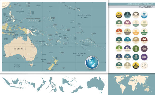 australia i oceania szczegółowa mapa retro i płaski zestaw ikon - tonga stock illustrations
