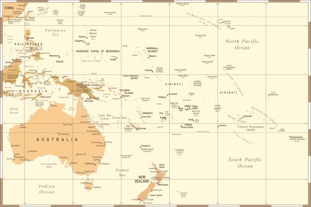 mapa australii i oceanii - vintage wektor ilustracja - tonga stock illustrations