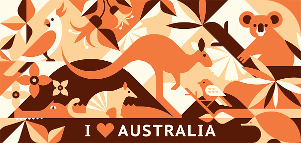 Australia animals abstract vector background. Geometric forest illustration for graphic print, greeting card, banner.