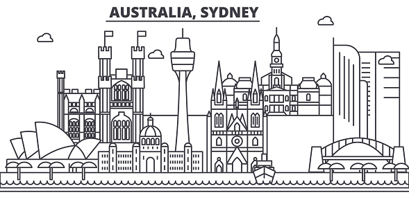 Australia, Sydney architecture line skyline illustration. Linear vector cityscape with famous landmarks, city sights, design icons. Landscape wtih editable strokes