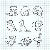 A vector illustration of happy australian animals set in line art doodle/scribble drawing style. Included in this set:- tasmanian devil, wombat, echidna, kookaburra, kangaroo, koala bar, platypus, frill neck lizard and emu. The grid background is on a different layer and can be removed.