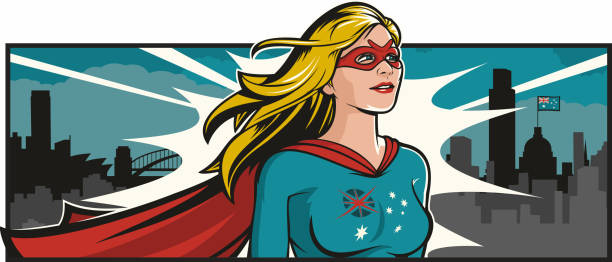 Australian Super Woman A beautiful Australian super hero Looks out over the skyline. She's ready for action. Pop art comic book style vector illustration. Fully editable. superwoman stock illustrations