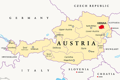 Austria, political map with capital Vienna and nine federated states