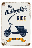 Authentic, retro rusty grunge effected tin sign vector illustration of a vintage motorcycle