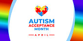 istock Autism Acceptance Month. Vector banner, poster, flyer, greeting card for social media with the text Autism Acceptance Month, April. Illustration with Puzzles and rainbow on white background. 1306792590