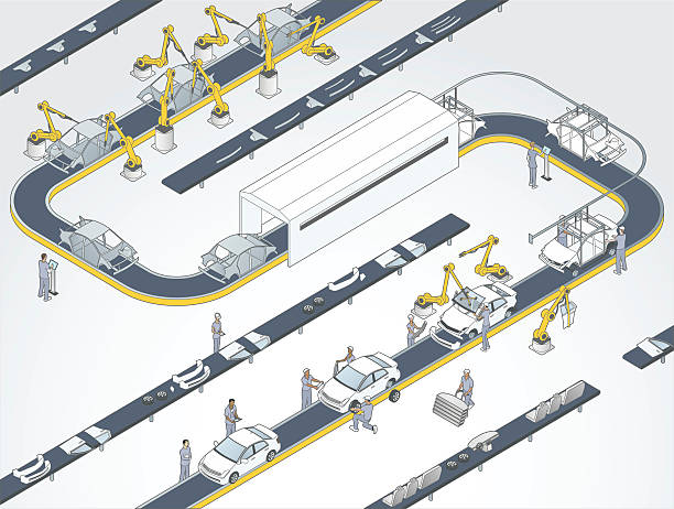 Auto Assembly Line Illustration A detailed, modern factory illustrates an automotive assembly process. car plant stock illustrations