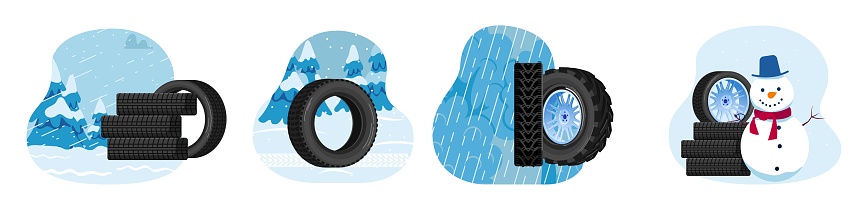 Auto car tires vector illustration, cartoon flat wheel automobile tyre collection for winter safe driving on snowy rainy road