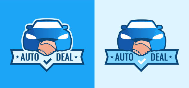 자동차 대리점을 위한 자동 거래 로고. 악수와 자동차의 전면 보기-창조적 인 상징 - car dealership stock illustrations