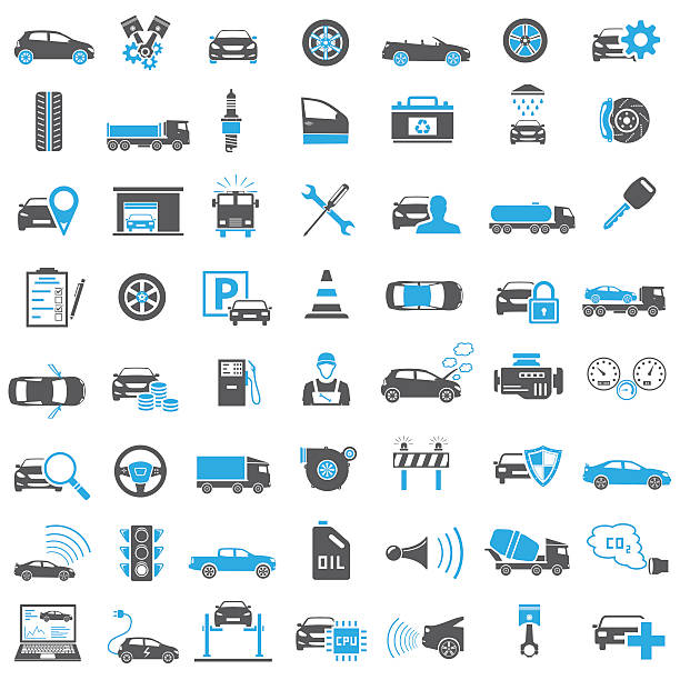 Auto Icons in Blue and Black Color Detailed auto icons in black and blue color, vector EPS 10. garage clipart stock illustrations