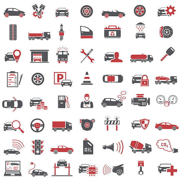 Auto Icons in Red and Black Color Detailed auto icons in red and black color on white background, vector EPS 10. garage clipart stock illustrations