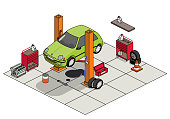 isometric car repair shop