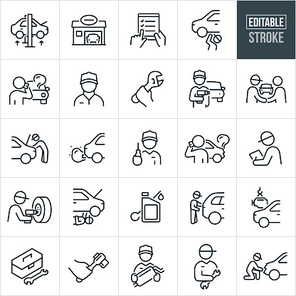 A set of auto repair icons that include editable strokes or outlines using the EPS vector file. The icons include a car being lifted on a hoist, car in auto body shop, mechanical checklist, auto mechanic working under car, person on phone with broken down car in background, male mechanic, hand holding adjustable wrench, mechanic holding impact wrench with car in the background, mechanic shaking hands with customer, auto mechanic working under the hood of a car, car spewing exhaust, mechanic holding screwdriver, mechanic diagnosing vehicle, mechanic changing a tire with impact wrench, mechanic on back working under vehicle, oil with dipstick, car getting new engine, toolbox with tools, hand holding impact wrench, auto mechanic holding muffler and a mechanic working on a car that has been in a car wreck to name a few.