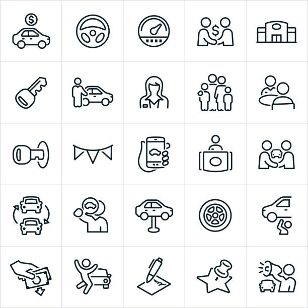 Auto Sales Icons A set of automobile sales icons. The icons include a car salesman, car for sale, steering wheel, speedometer, deal, auto dealership, car key, family, negotiation, search, receptionist, car purchase, repair, car tire, money down, contract and vehicle to name a few. steering wheel stock illustrations