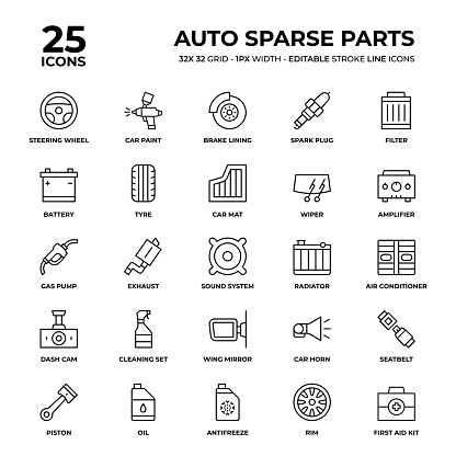 Auto Sparse Parts Vector Style Thin Line Icons on a 32 pixel grid with 1 pixel stroke width. Unique Style Pixel Perfect Icons can be used for infographics, mobile and web and so on.