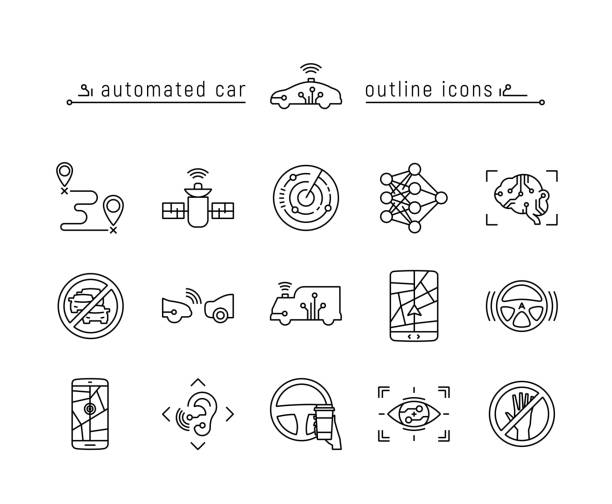 自動車の自動アウトラインのアイコンを設定 - 自動運転点のイラスト素材／クリップアート素材／マンガ素材／アイコン素材