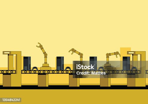 istock Automated gaming console assembly line with state of the art automated assembly robots. Monochrome illustration with vibrant yellow. 1354842241