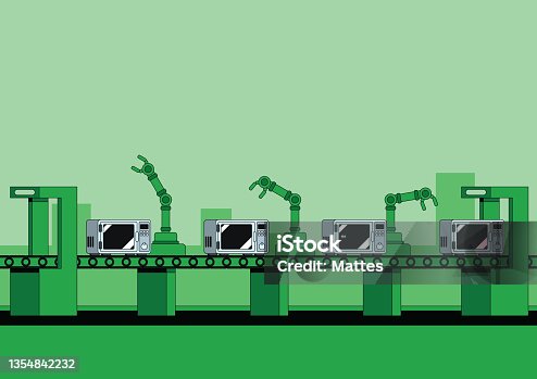 istock Automated microwave and appliance assembly line with state of the art automated assembly robots. Monochrome illustration with vibrant green. 1354842232