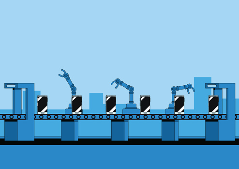 Automated smartphone assembly line with state of the art automated assembly robots. Monochrome illustration with vibrant blue.