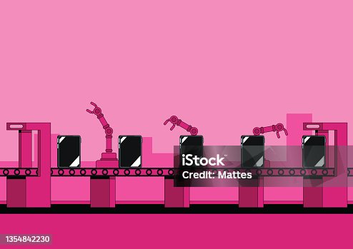 istock Automated tablet PC assembly line with state of the art automated assembly robots. Monochrome illustration with vibrant pink. 1354842230
