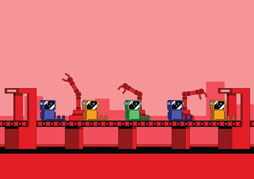 Automated toy assembly line with state of the art automated assembly robots. Monochrome illustration with vibrant red.