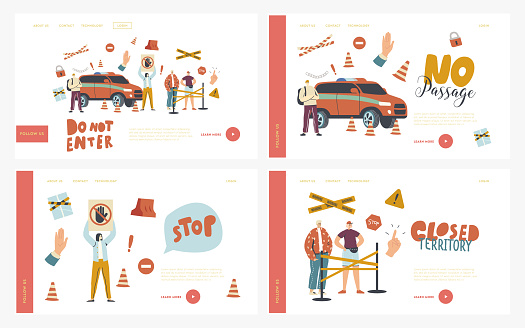 Automatic Barrier, Checkpoint Landing Page Template Set. Characters Blocking Entrance on Closed Territory. Car Parking