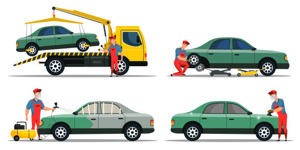 stockillustraties, clipart, cartoons en iconen met automobiel nood-en onderhoudsservice set - fixing car pain