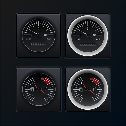 Automotive or aviation instrument panel instruments, on a dark background.The images of the devices are grouped.