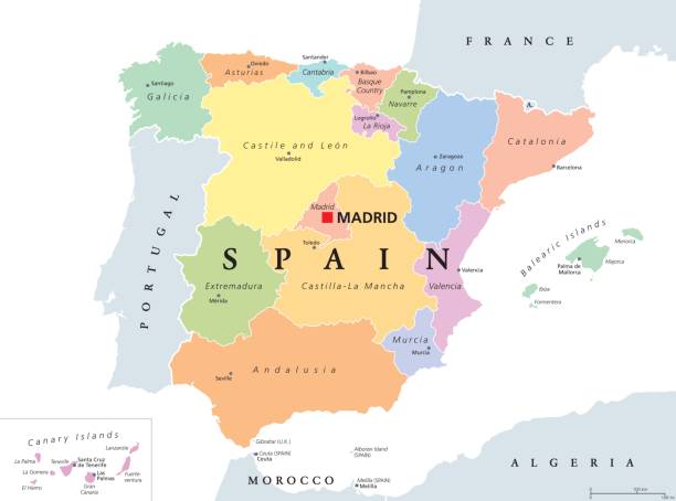 Autonomous communities of Spain political map Autonomous communities of Spain political map. Administrative divisions of the Kingdom of Spain with their capitals. Municipalities, provinces and subdivisions. English labeling. Illustration. Vector. peninsula stock illustrations