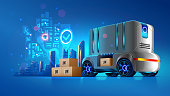 Autonomous delivery vehicle of future. Service transportation of cargo shipping to the buyer. Robotic self-driving lorry. Futuristic logistic concept. Innovation automotive driverless technology.