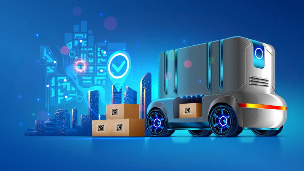 Autonomous delivery vehicle of future. Service transportation of cargo shipping to the buyer. Robotic self-driving lorry. Futuristic logistic concept. Innovation automotive driverless technology. vector art illustration
