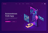 Autonomous taxi app isometric landing page, transportation service online order. Yellow cab driving into huge mobile phone screen with city buildings. Car ordering application, 3d vector web banner
