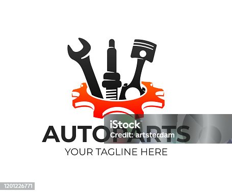 istock Autoparts in gear, auto piston, spark plug and wrench, design. Automotive parts, automobile detail and repairing car, vector design and illustration 1201226771