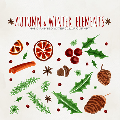 Autumn and Winter Design Elements Clip Art. Hot Mulled Wine Ingredient Christmas Pattern. Dried Orange, Cinnamon, Star Anise, Acorn, Leaves and Pine Tree Background.