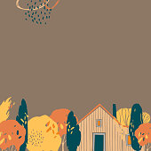 Hand drawn autumn background with trees and house. Vector sketch illustration.
