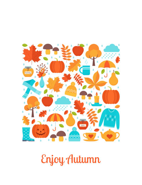 Autumn card. Vector illustration. Postcard Enjoy autumn. Autumn greeting card. Vector. Creative postcard with autumn elements in square shape. Template in flat design on white background. Fall leaves decoration poster. Cartoon illustration autumn icons stock illustrations
