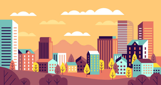 осенний городской пейзаж. простой городской пейзаж с панорамой зданий. симпатичные дома, холмы и деревья с желтыми листьями. векторный фон - city stock illustrations