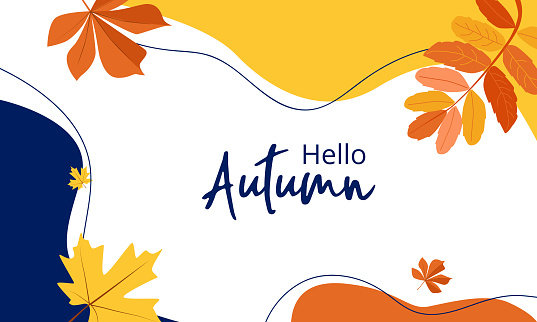 Hello Autumn. Autumn colorful abstract background in yellow-red colors with leaves. Template For an advertising banner, for sales