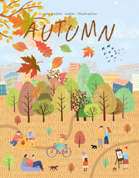 Autumn. Cute vector illustration of a landscape with resting people on a vacation in a city park with leaf fall and autumn trees. Family weekend in nature Autumn. Cute vector illustration of a landscape with resting people on a vacation in a city park with leaf fall and autumn trees. Family weekend in nature drawing of family picnic stock illustrations