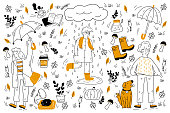 Autumn doodle set. Collection of hand drawn sketches templates of people walking under poring rain woth coat and umbrella drinking coffee and listening depressive music. Weather season illustration