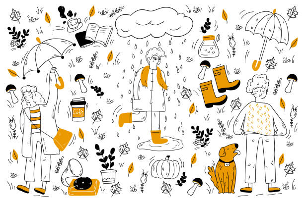 Autumn doodle set Autumn doodle set. Collection of hand drawn sketches templates of people walking under poring rain woth coat and umbrella drinking coffee and listening depressive music. Weather season illustration rain drawings stock illustrations