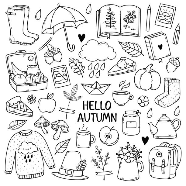 Autumn doodles. Hand drawn set of sketches: rubber boots,cloud, book, cup of tea, sweater, umbrella, pie, apple, mushrooms, leaves, flowers etc. Isolated objects on white background autumn drawings stock illustrations