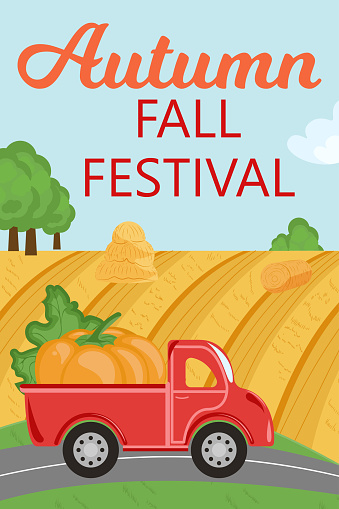 Autumn Fall Festival banner. Red Truck with Pumpkin Crop driving on the Road with Rural Landscape, Hill, Haystacks